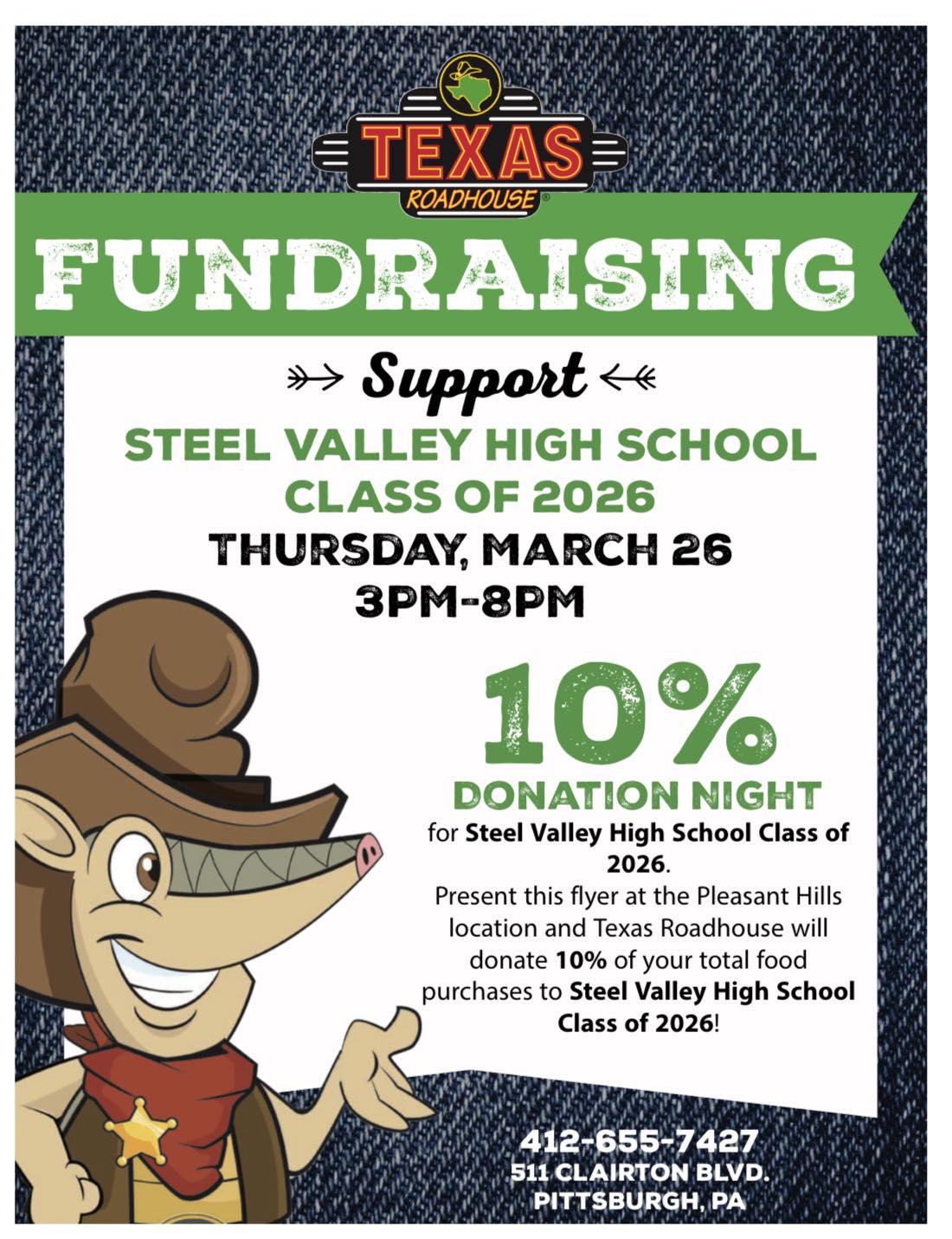 Steel Valley High School Class of 2026 Fundraiser at Texas Roadhouse West Mifflin